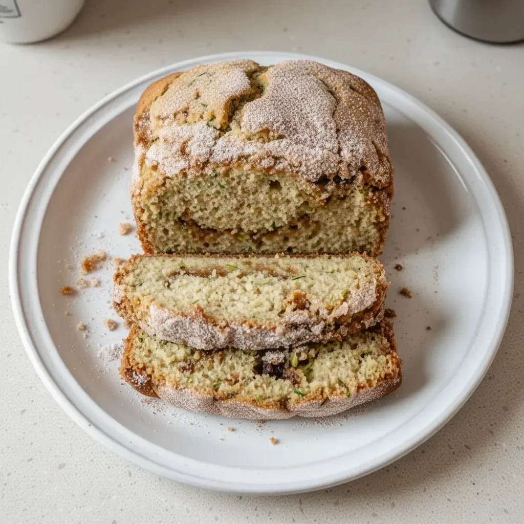 Slice of snickerdoodle zucchini bread topped with cinnamon sugar