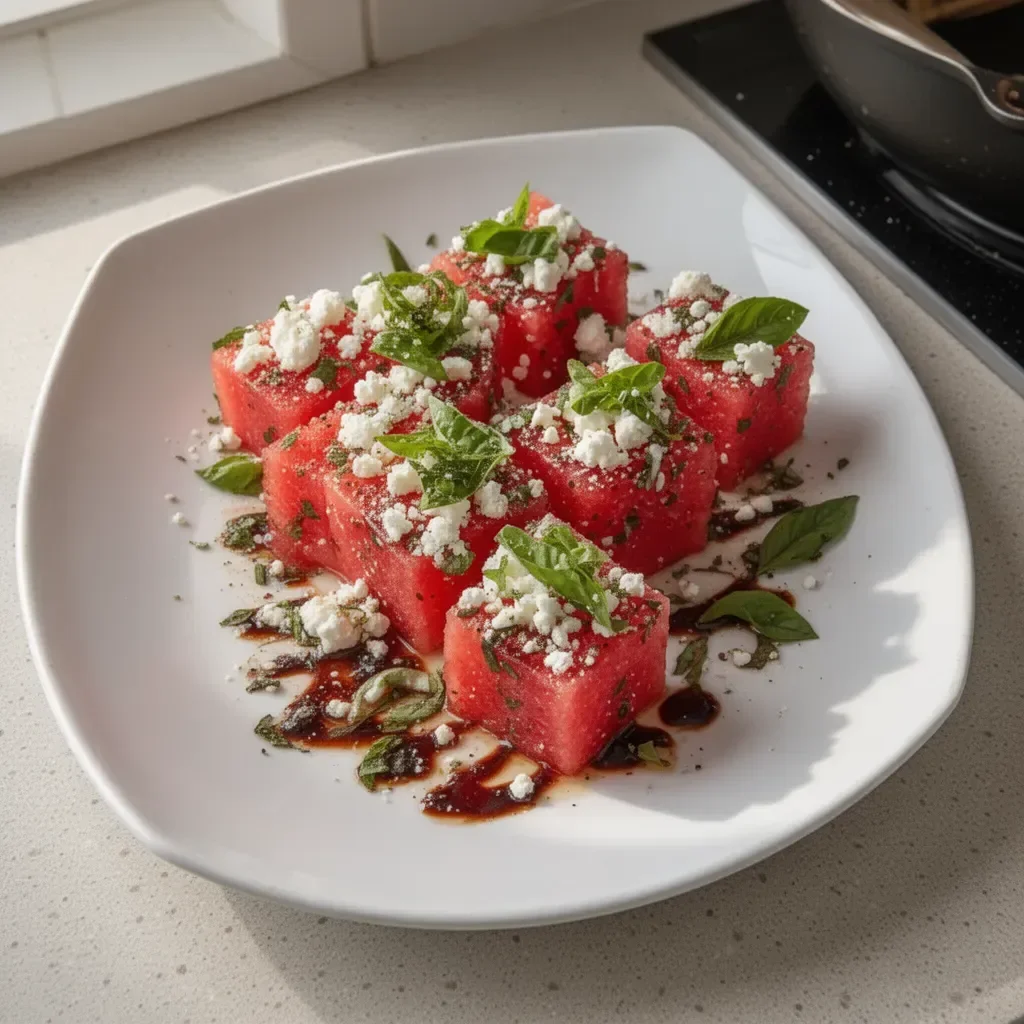 Watermelon feta bites with fresh basil arranged on a platter