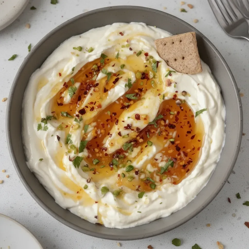 Whipped feta cheese drizzled with honey, served as a tasty dip.