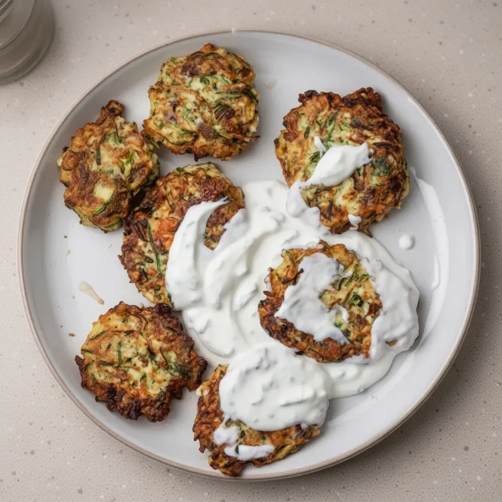 Zucchini fritters with feta cheese served with garlic yogurt sauce