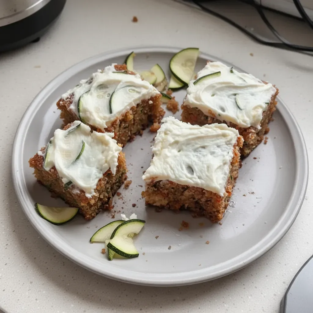 Delicious homemade zucchini cake topped with cream cheese frosting