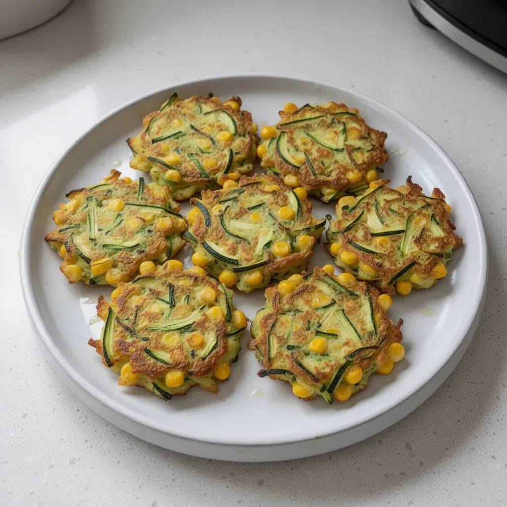 Plate of crispy zucchini corn fritters garnished with herbs