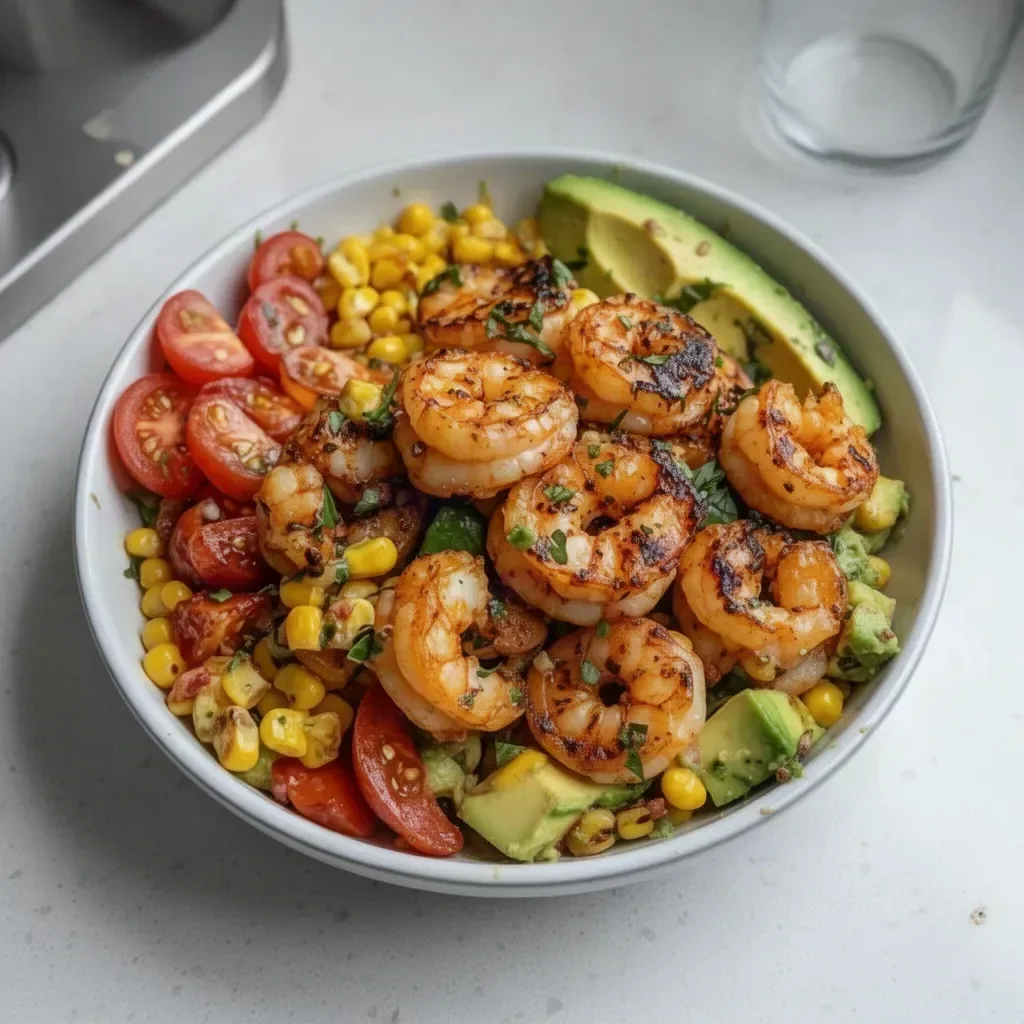 Avocado Corn Salad with Grilled Shrimp served in a colorful bowl