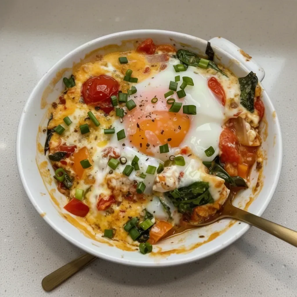 Baked feta eggs with tomatoes and spinach served in a skillet