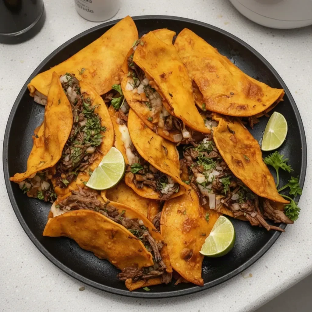 Delicious birria tacos served with broth and garnishes