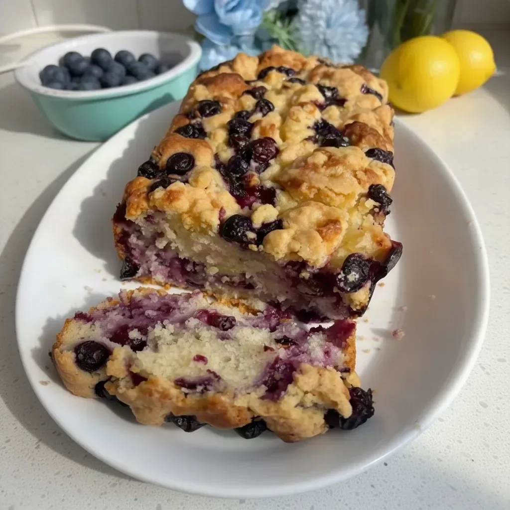 Delicious Blueberry Lemon Loaf garnished with fresh blueberries and lemon zest
