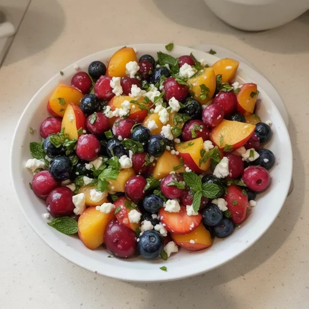 Fresh Blueberry Peach Feta Salad with colorful fruits and feta cheese