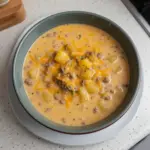 Bowl of cheesy beef and potato soup topped with melted cheese and herbs.