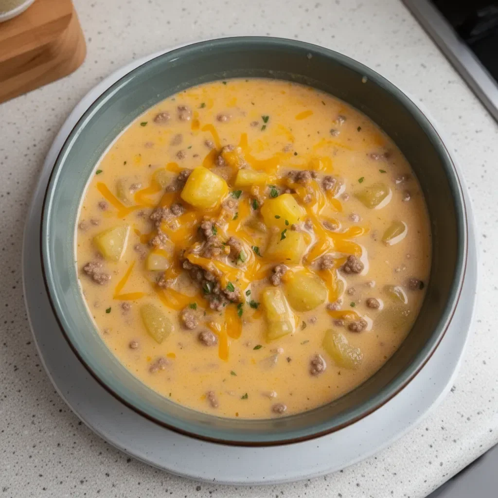 Bowl of cheesy beef and potato soup topped with melted cheese and herbs.