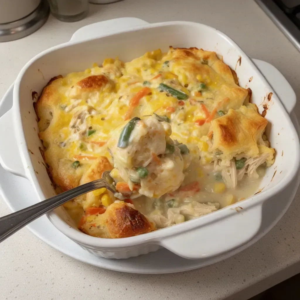 Delicious chicken pot pie casserole ready to serve in a baking dish