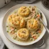 Delicious Chicken Pot Pie topped with flaky biscuits, ready to serve.