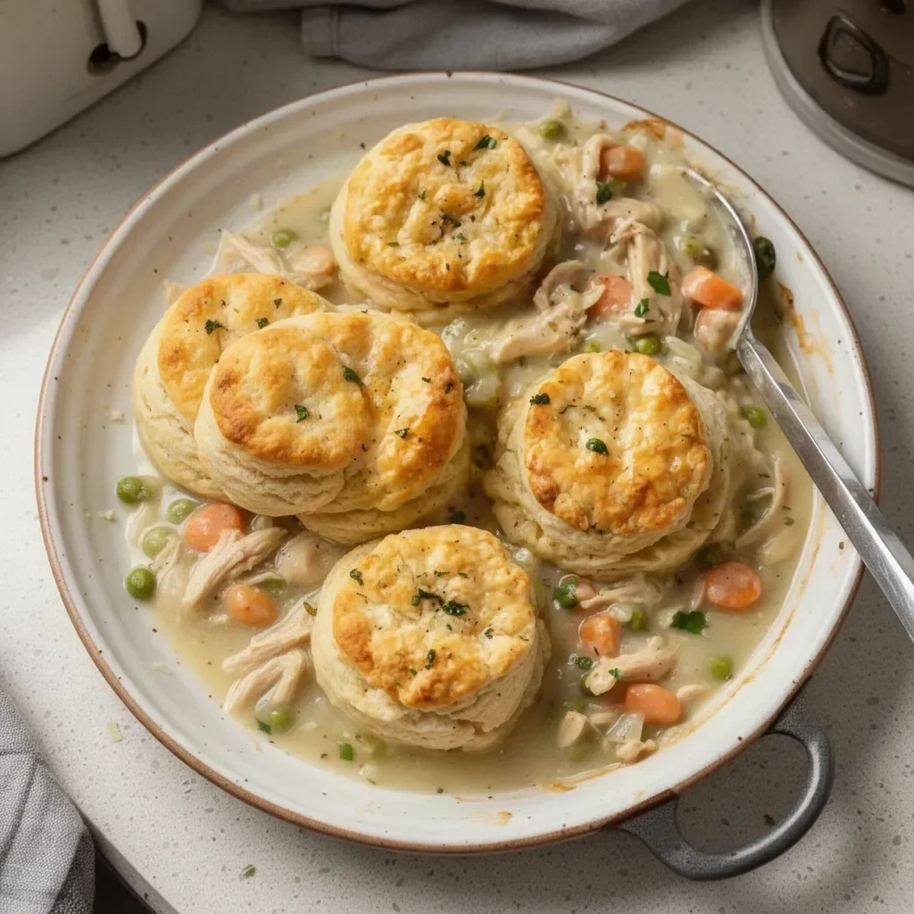 Delicious Chicken Pot Pie topped with flaky biscuits, ready to serve.