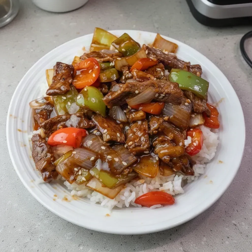 Delicious Chinese pepper steak with onions served on a plate