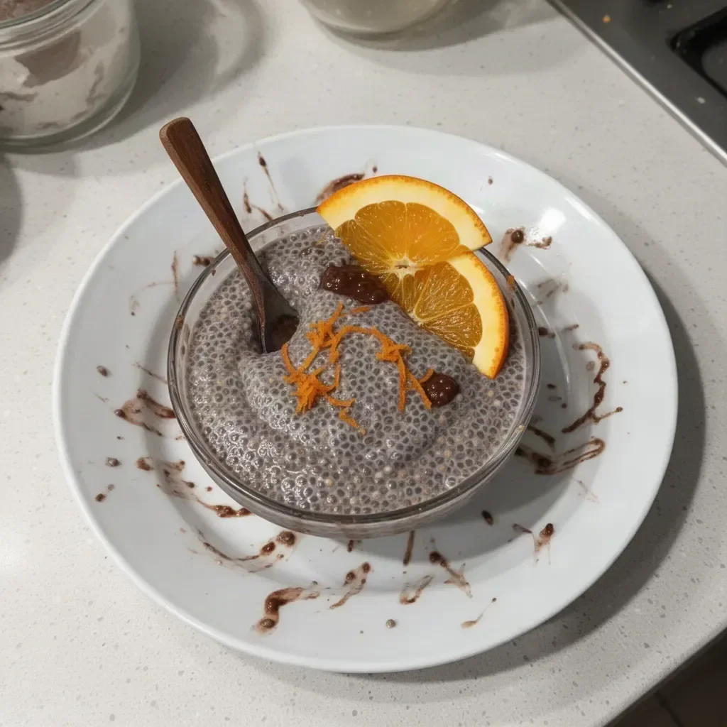 Chocolate orange chia pudding topped with dark chocolate shavings and orange zest.