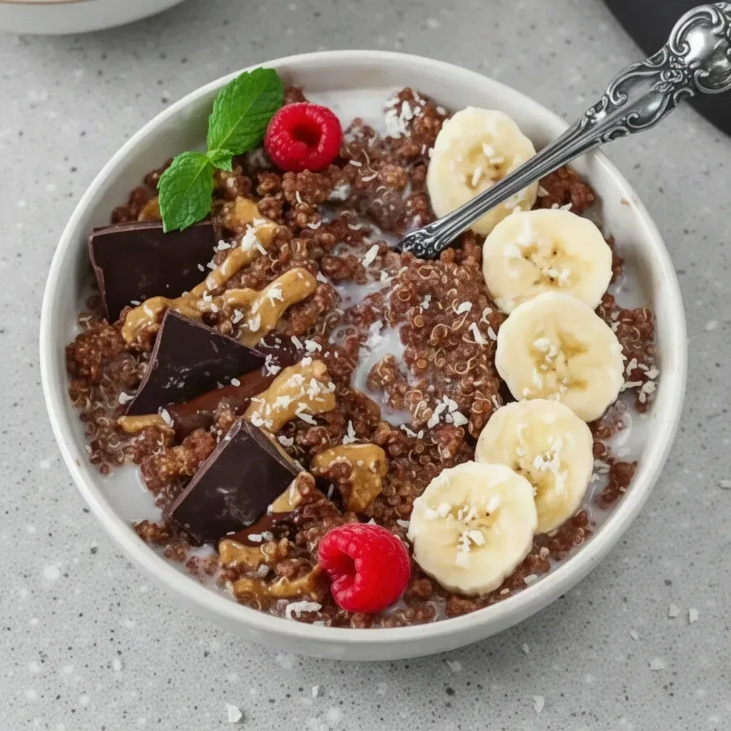 Chunky Monkey Quinoa Breakfast Bowl with bananas, nut butter, and nuts