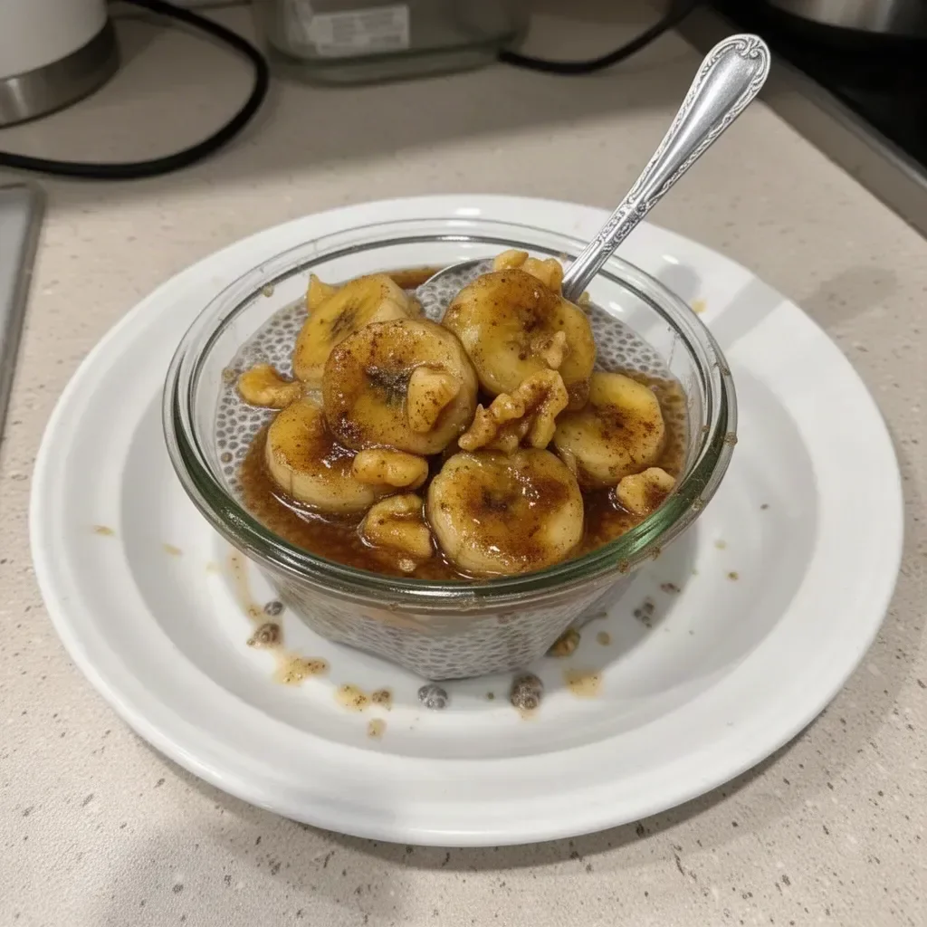 Cinnamon maple chia seed pudding with bananas foster topping served in a bowl.