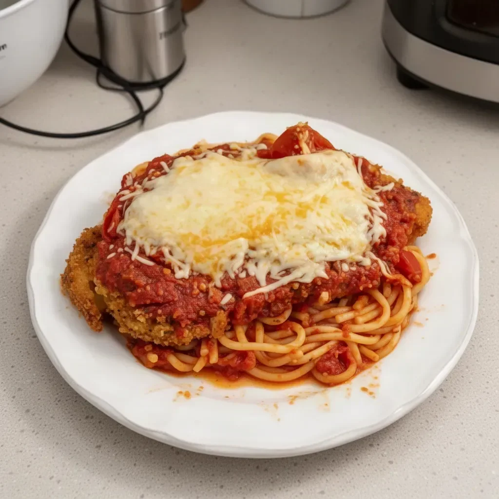 Plate of classic chicken parmesan topped with marinara sauce and cheese