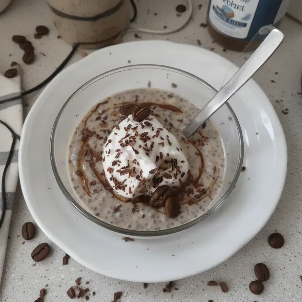 Delicious Coffee Chia Seed Pudding in a bowl with coffee beans on the side