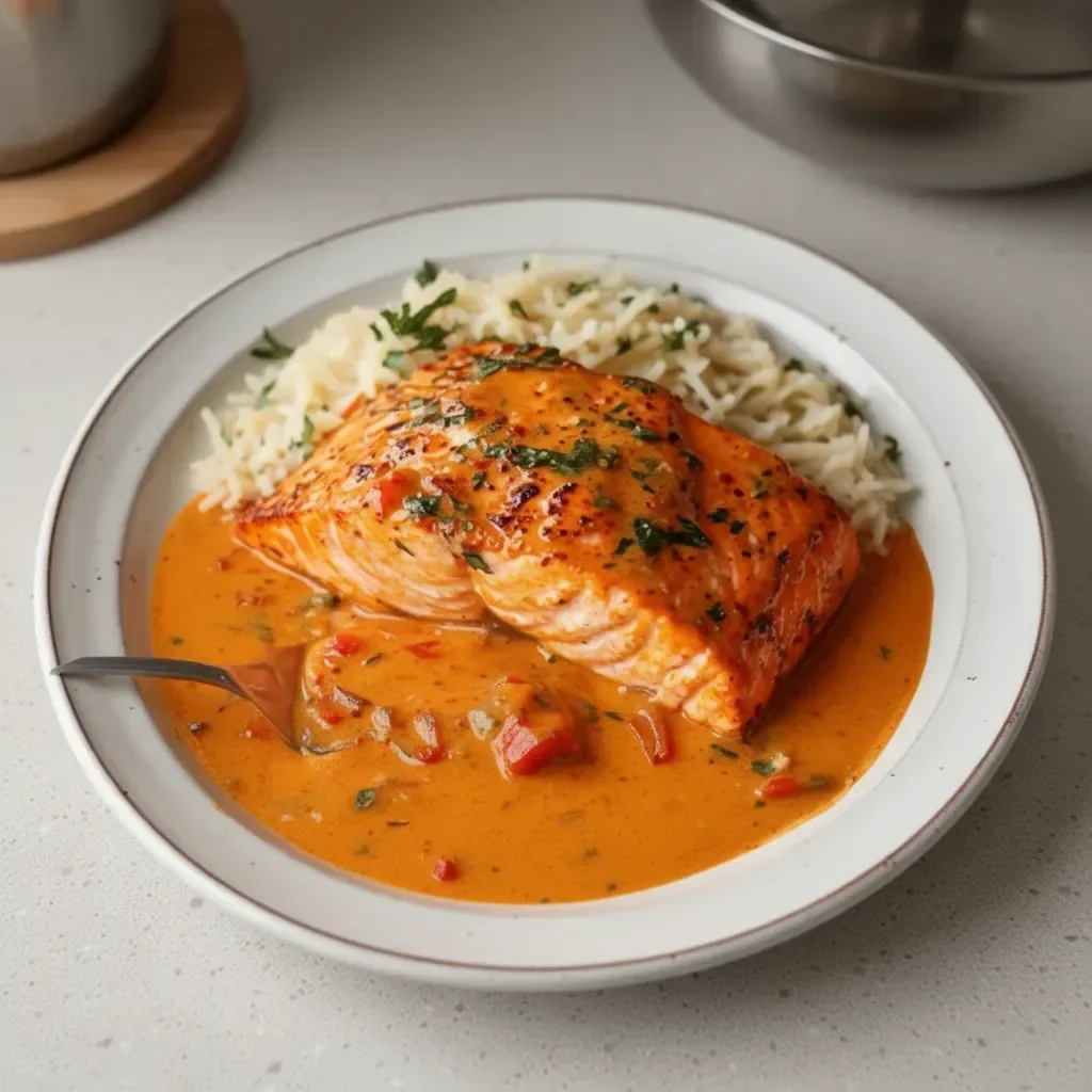 Delicious creamy roasted red pepper salmon on a plate with herbs and vegetables