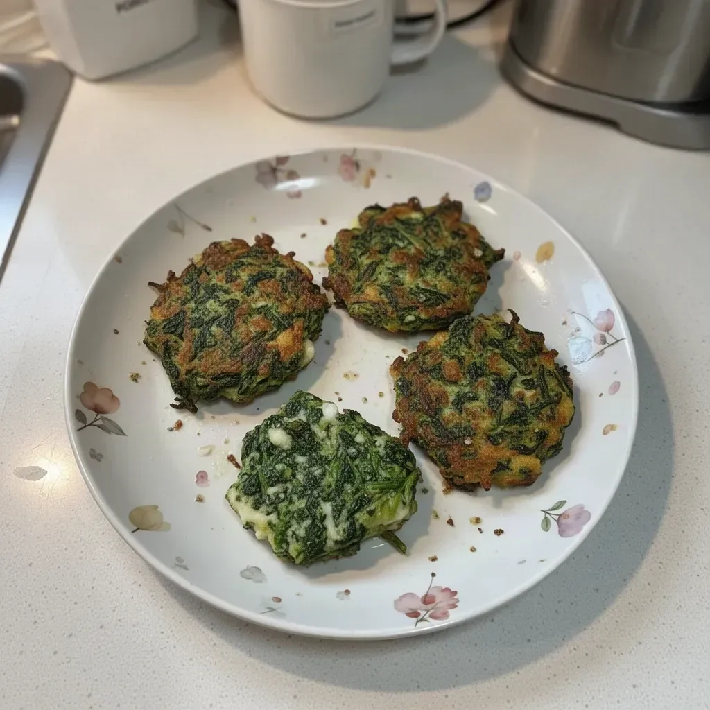 Delicious crispy spinach fritters served on a plate with a dipping sauce.