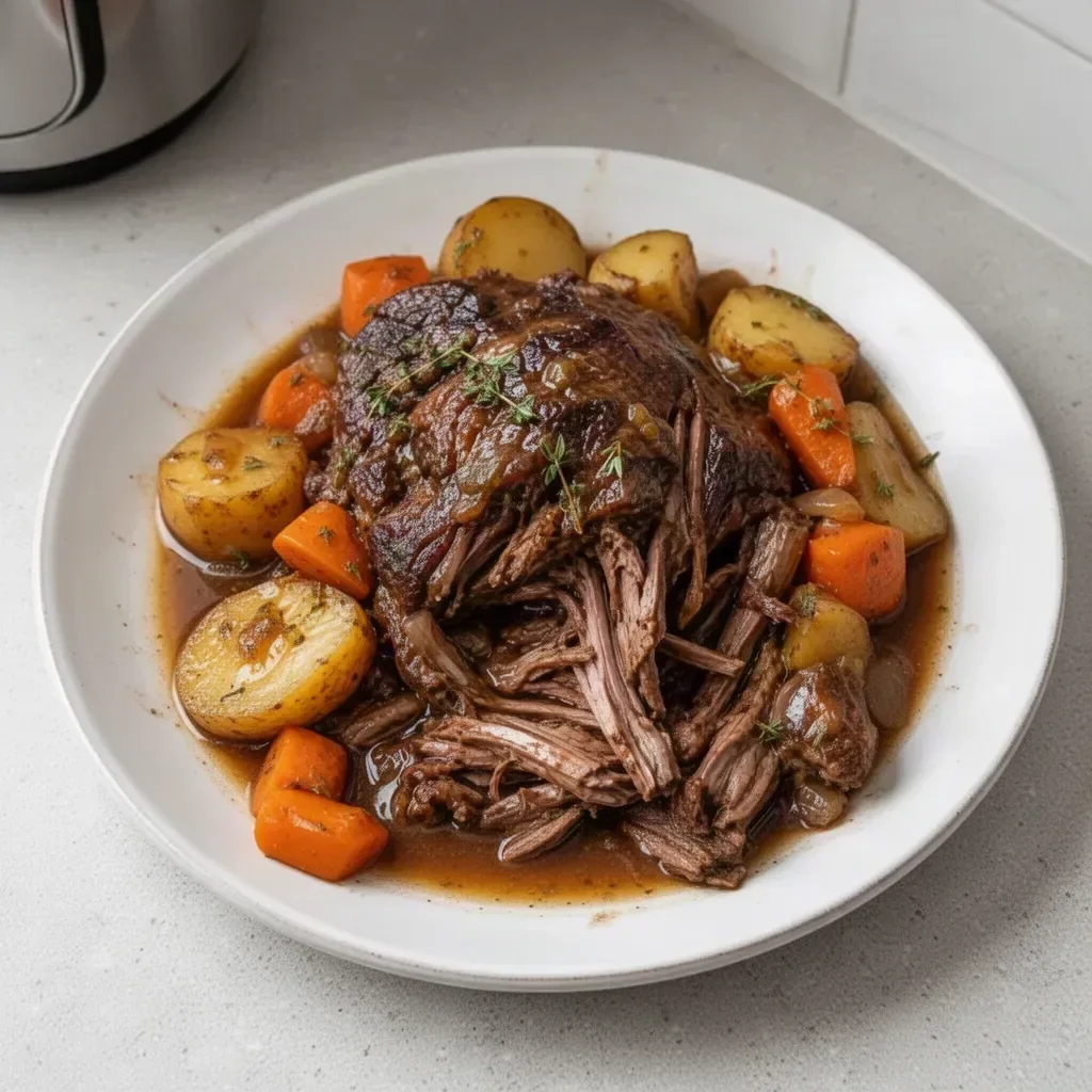 Delicious crockpot pot roast served with vegetables on a plate.