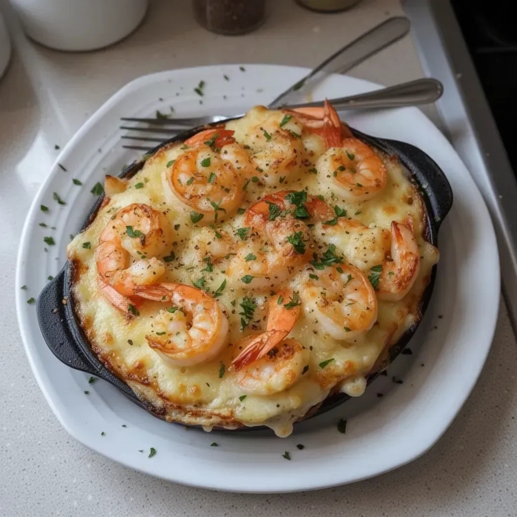 Delicious garlic shrimp gratin topped with herbs and cheese