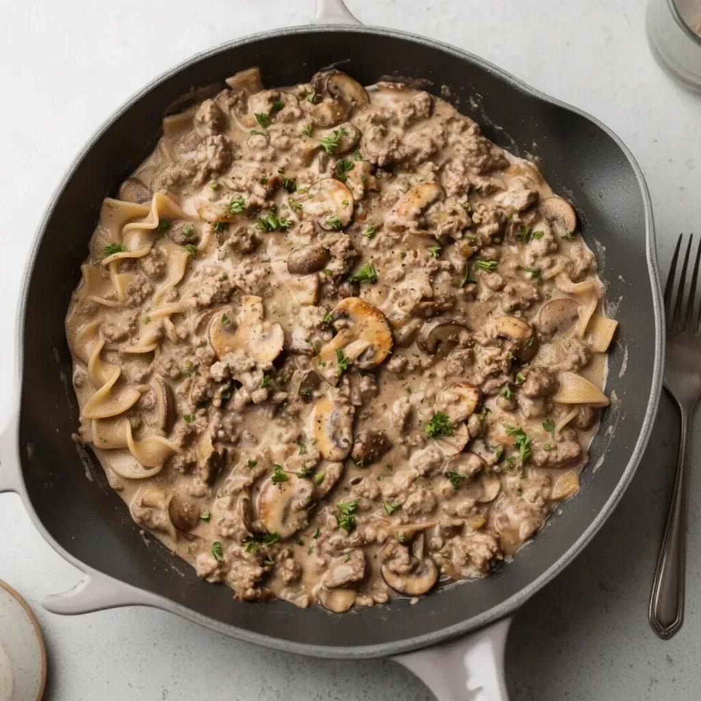 Easy hamburger beef stroganoff served in a bowl with pasta and garnished with herbs.