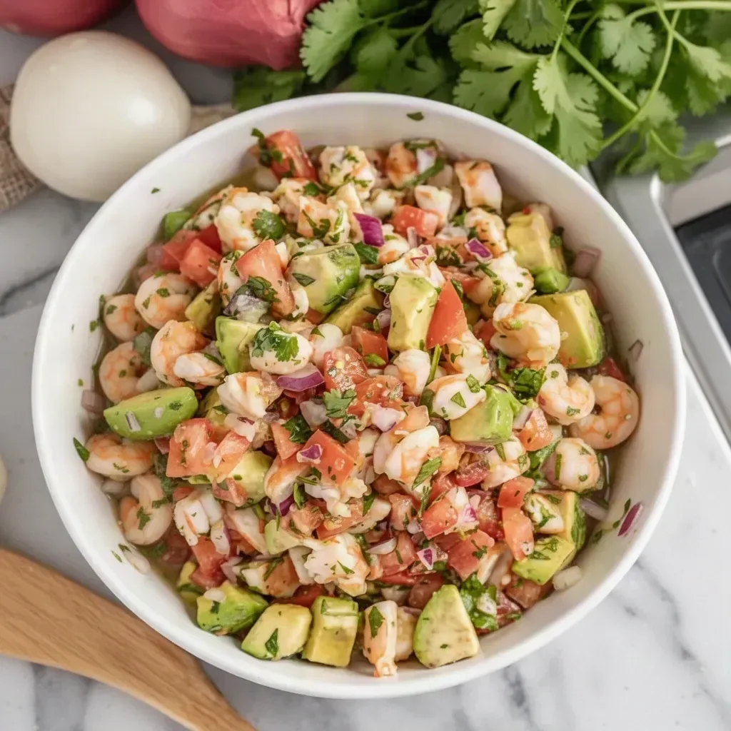 Bowl of easy shrimp ceviche with fresh ingredients and vibrant colors