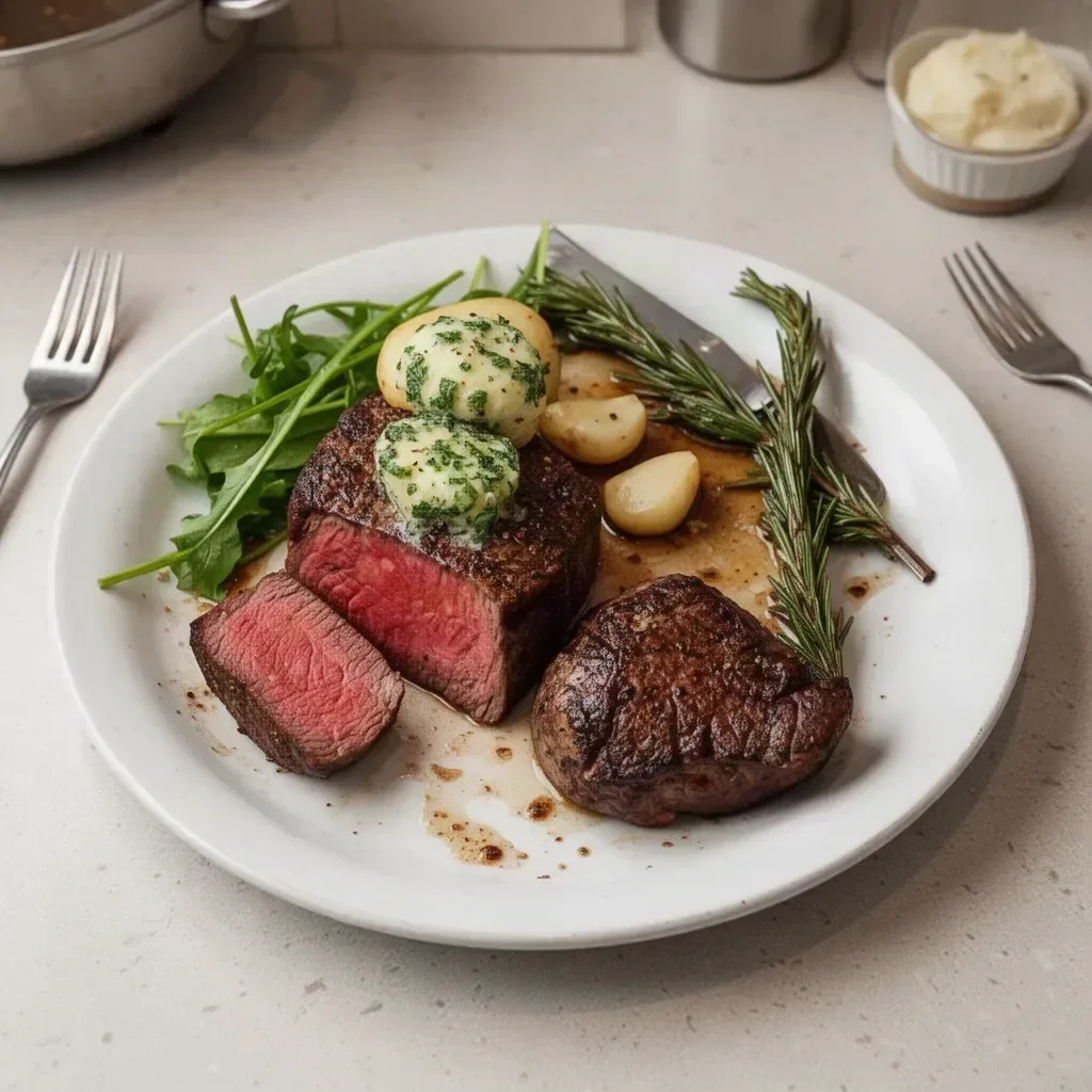 Perfectly cooked filet mignon served with delicious sides