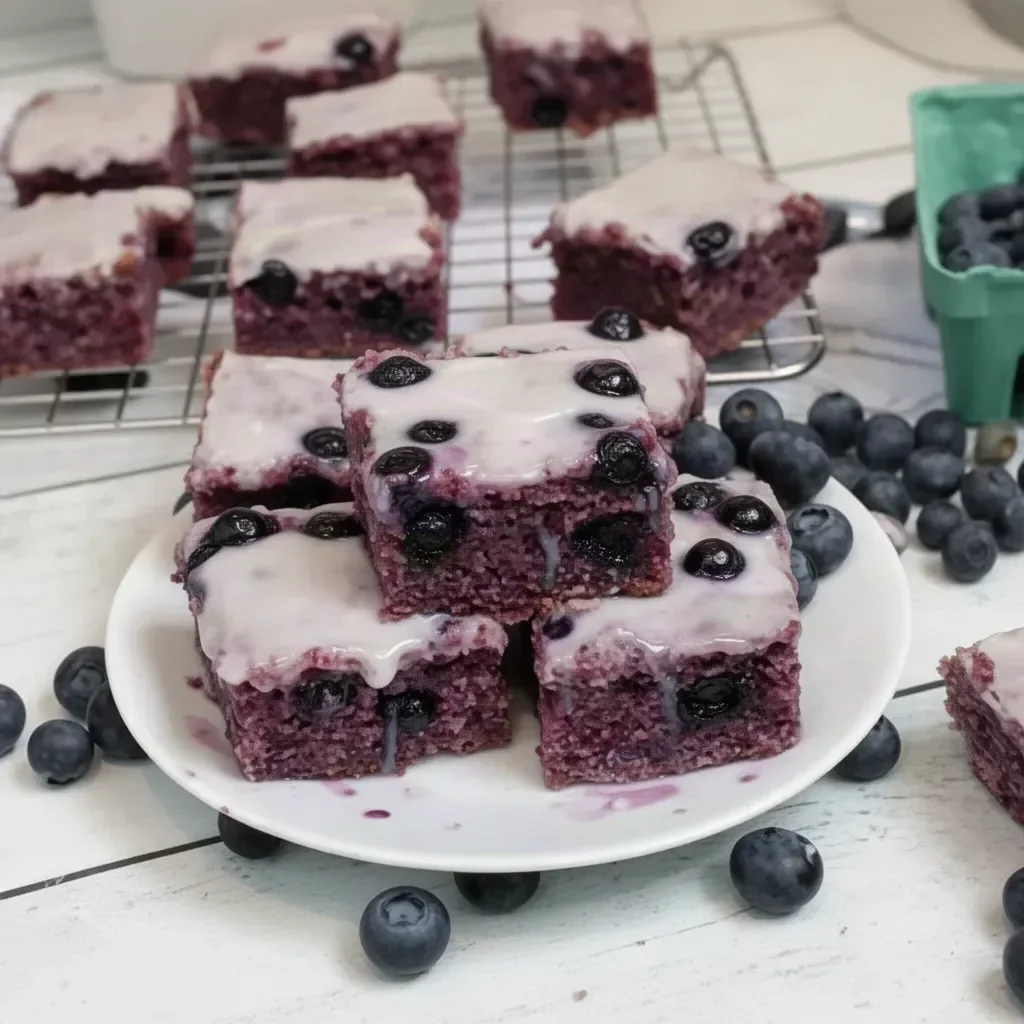 Glazed blueberry brownies topped with a sweet glaze and fresh blueberries