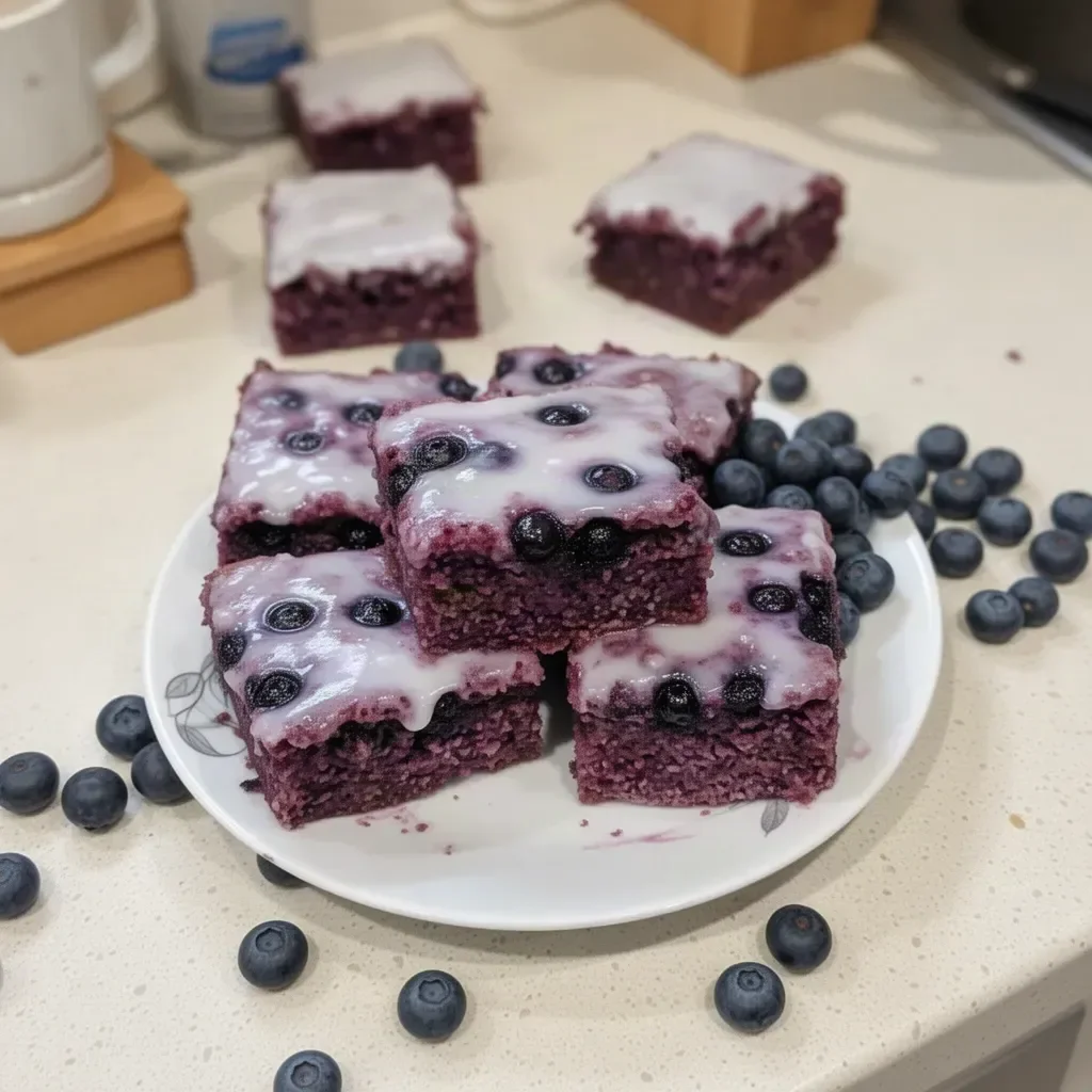 Glazed blueberry brownies topped with a sweet glaze on a rustic table.