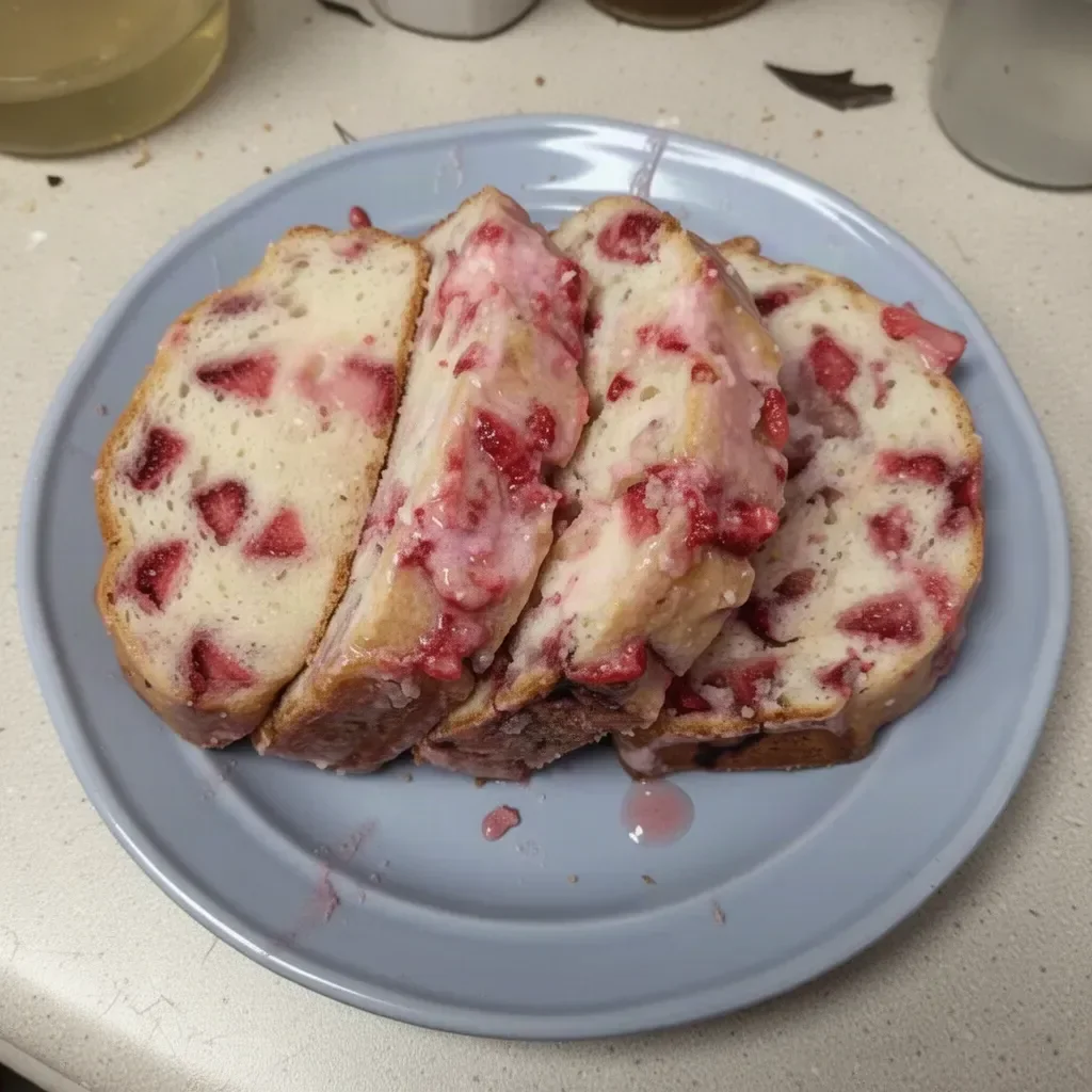 Freshly baked glazed strawberry bread with strawberries on top