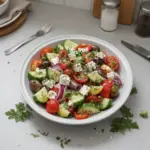 Delicious Greek Salad with fresh vegetables, feta cheese, and olives