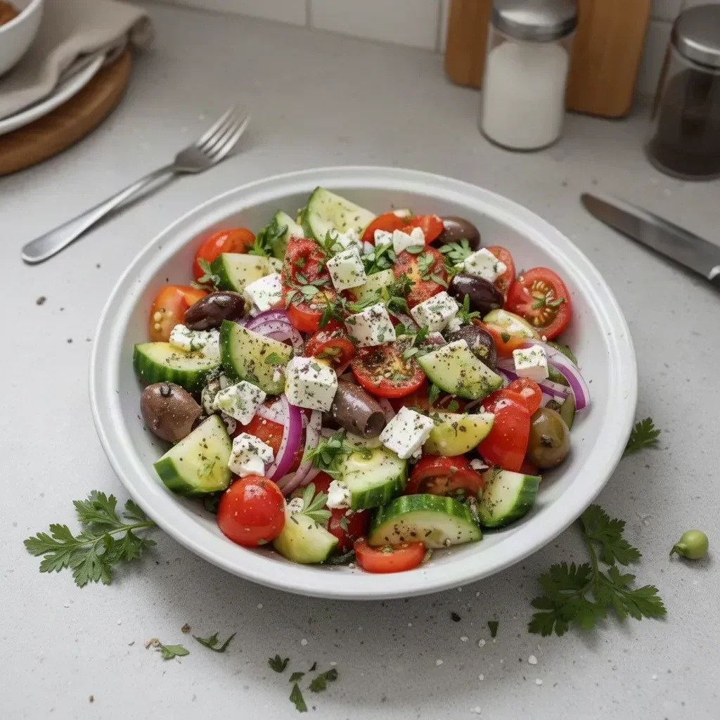 Delicious Greek Salad with fresh vegetables, feta cheese, and olives