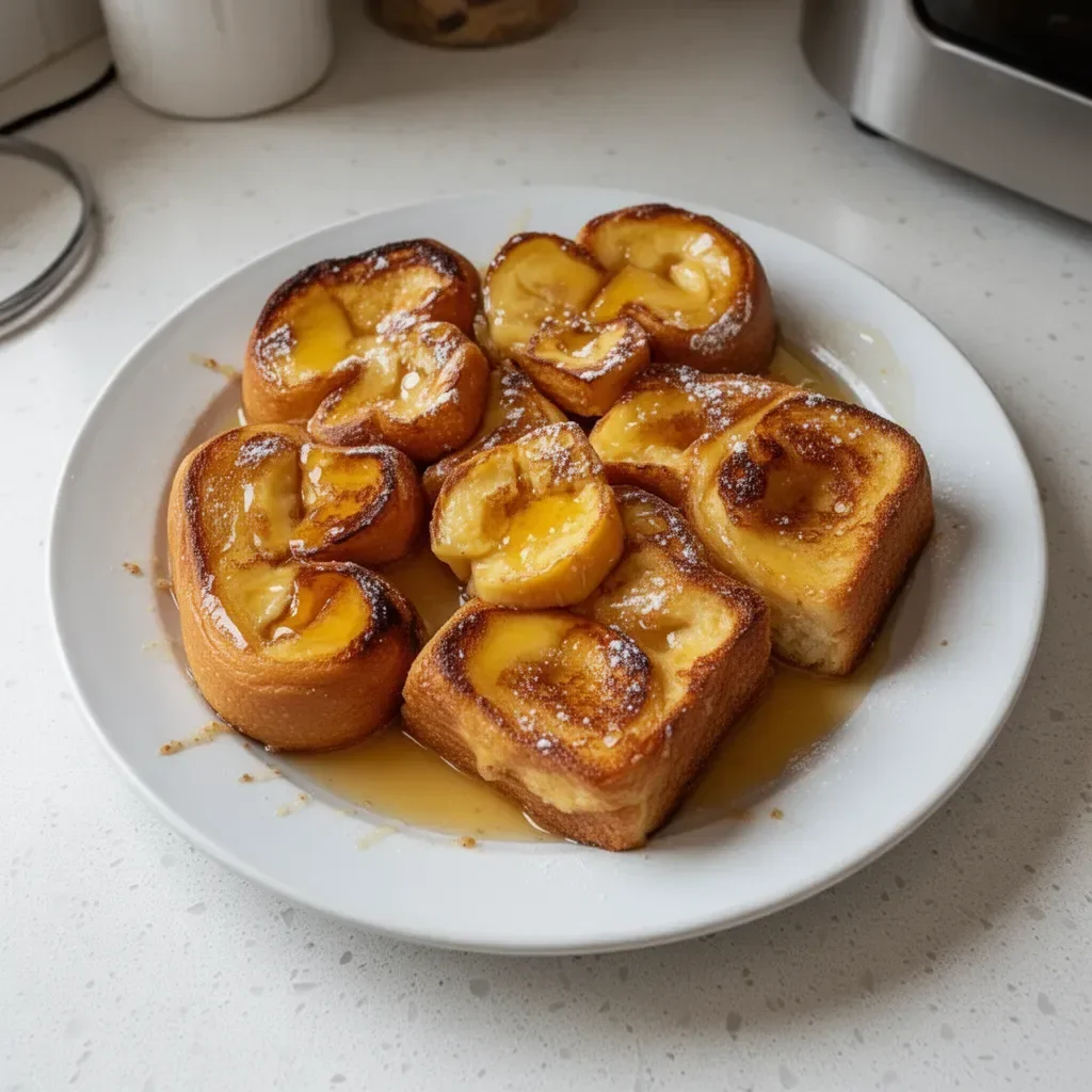 Delicious Hawaiian Roll French Toast topped with syrup and berries
