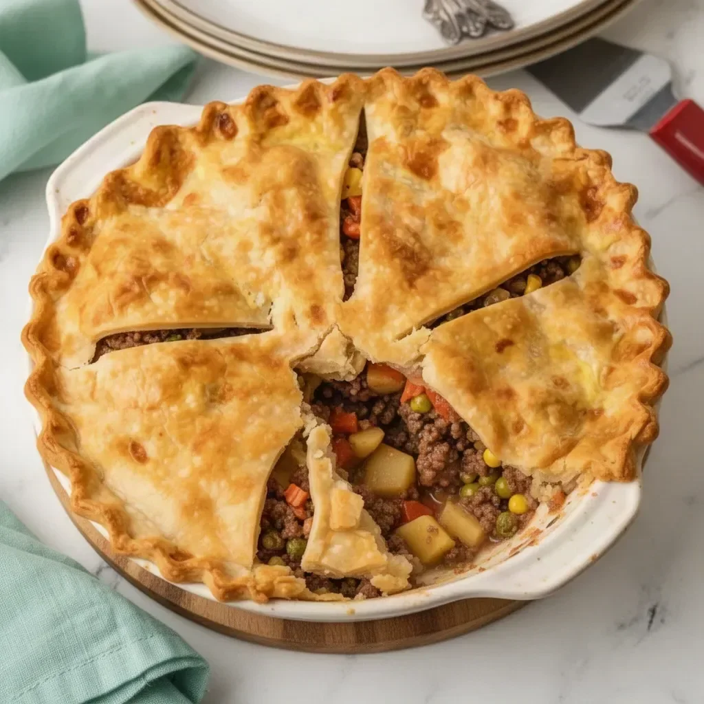 Homemade beef pot pie topped with golden crust and filled with ground beef and vegetables