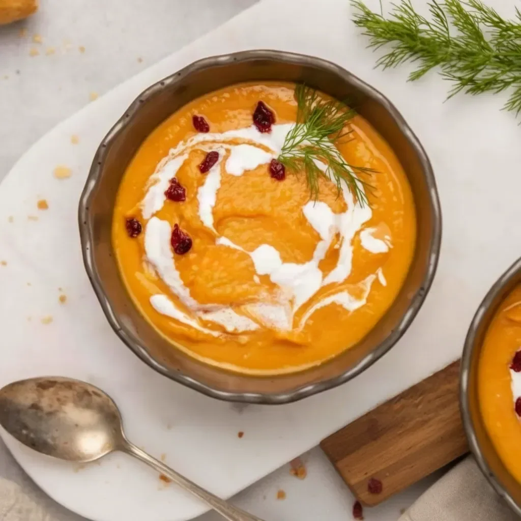 Bowl of homemade carrot sweet potato soup topped with herbs.