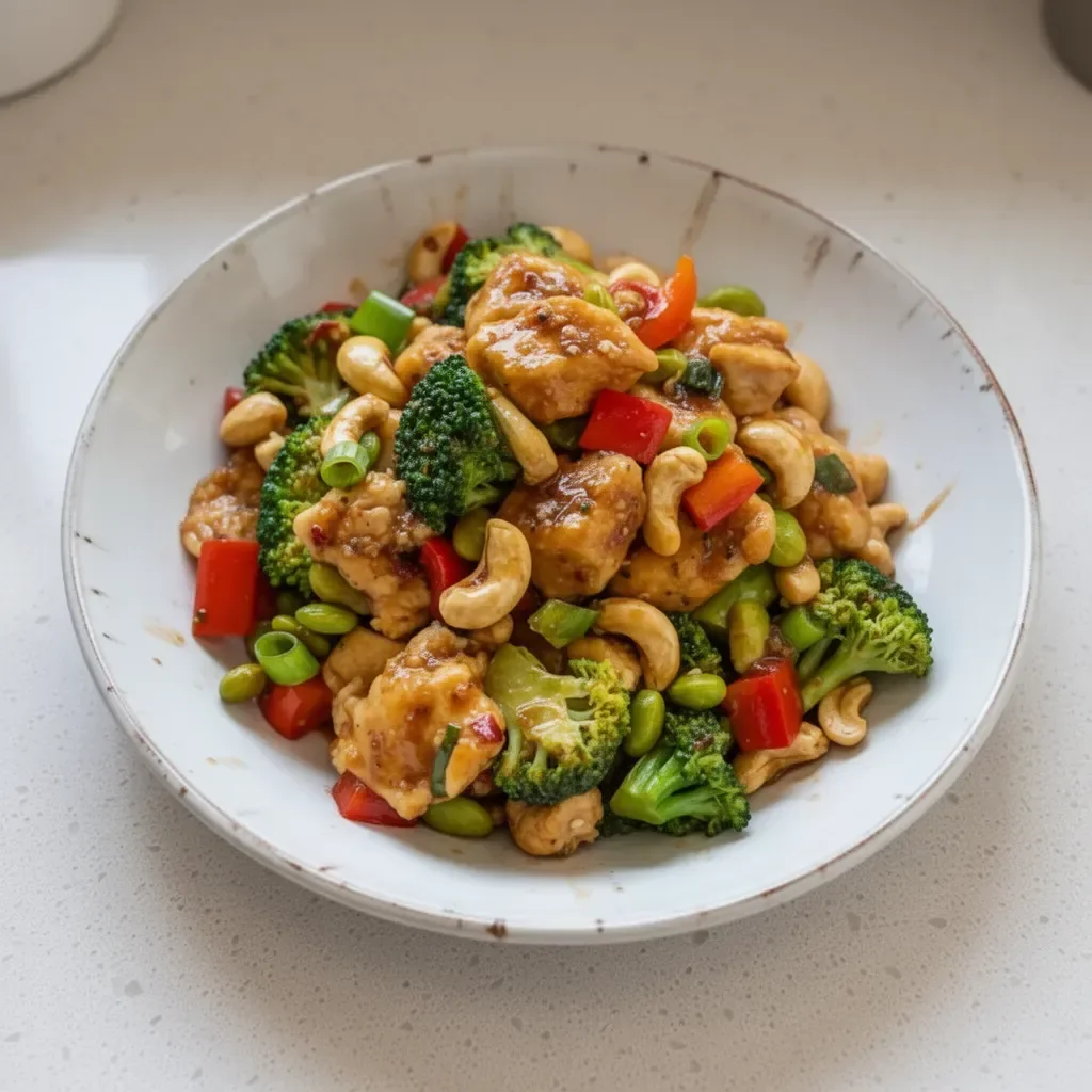 Homemade cashew chicken stir fry with vegetables and rice