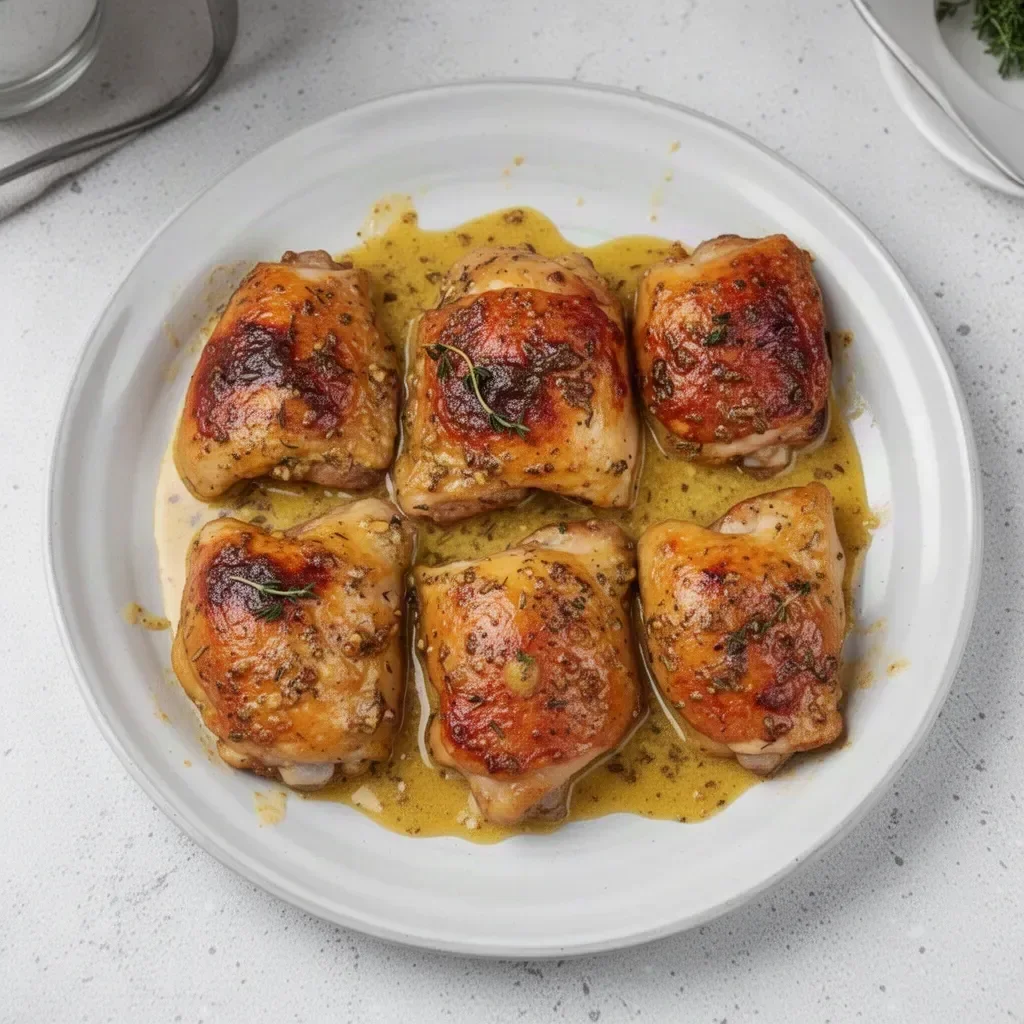 Honey mustard chicken thighs served with vegetables on a plate.