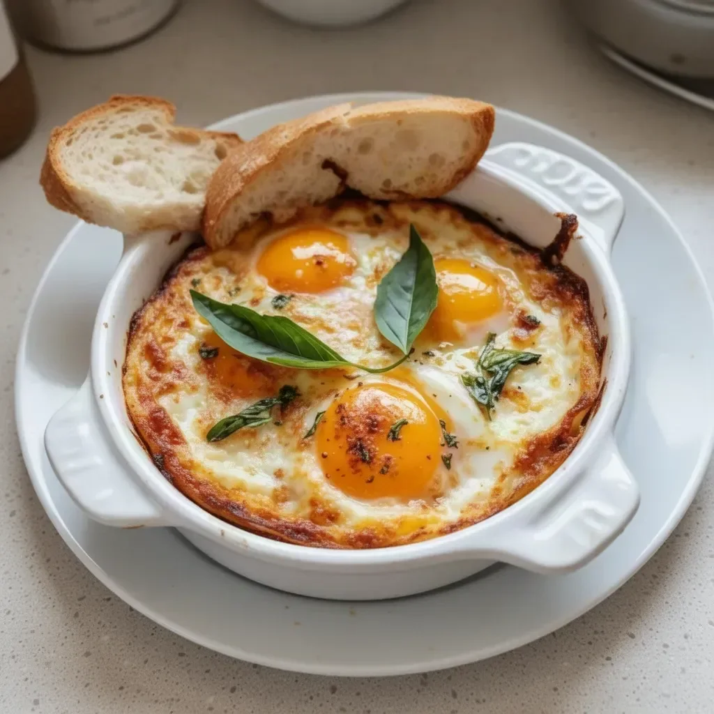Italian baked eggs served in a skillet with fresh herbs and vegetables