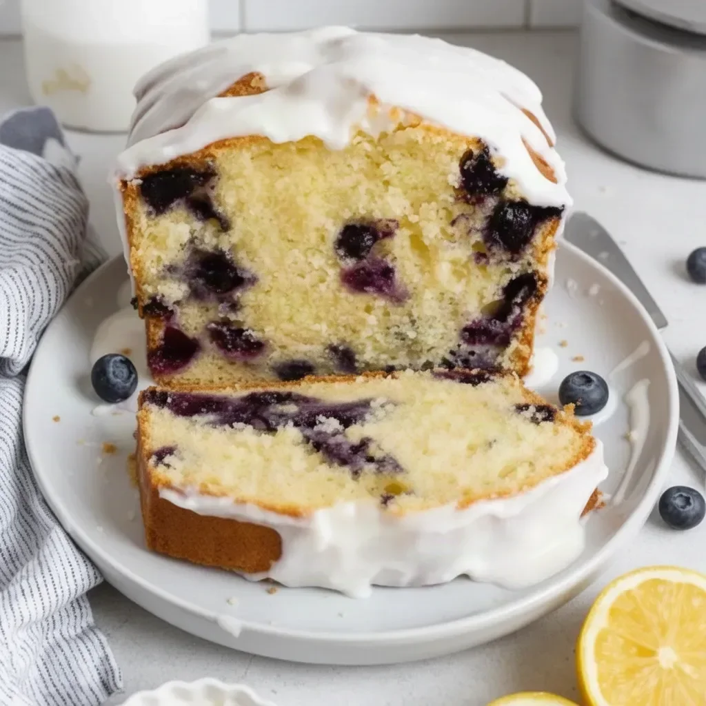 Sliced Lemon Blueberry Pound Cake with fresh blueberries and lemon zest