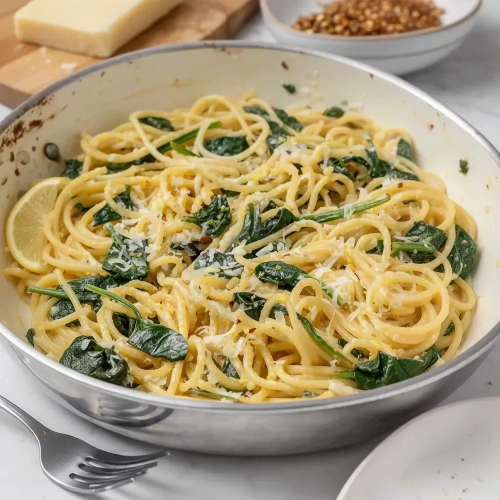 Delicious bowl of Lemon Spinach Pasta garnished with fresh herbs