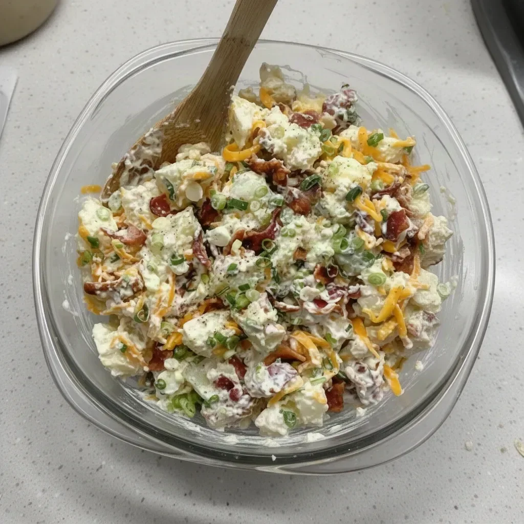 Delicious loaded baked potato salad topped with cheese and green onions.