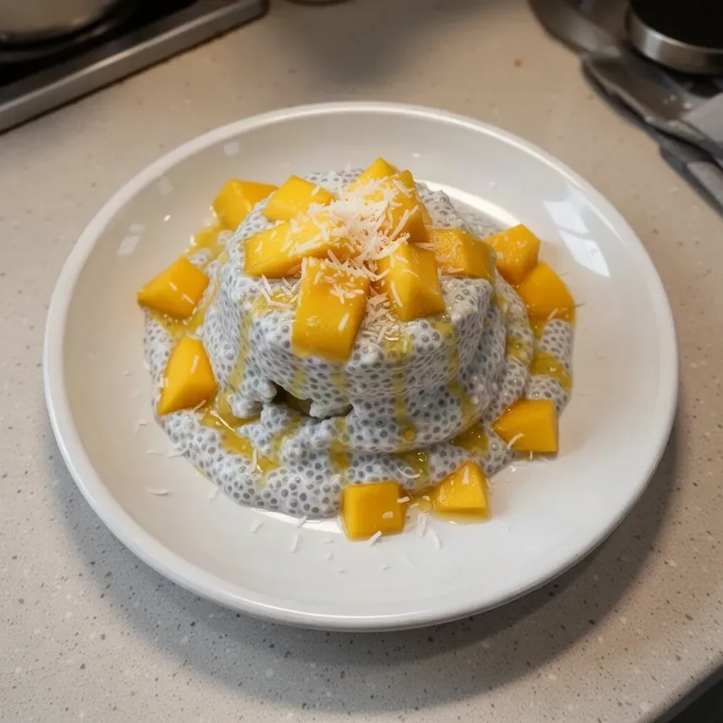 Delicious mango coconut chia pudding in a bowl with fresh mango slices on top