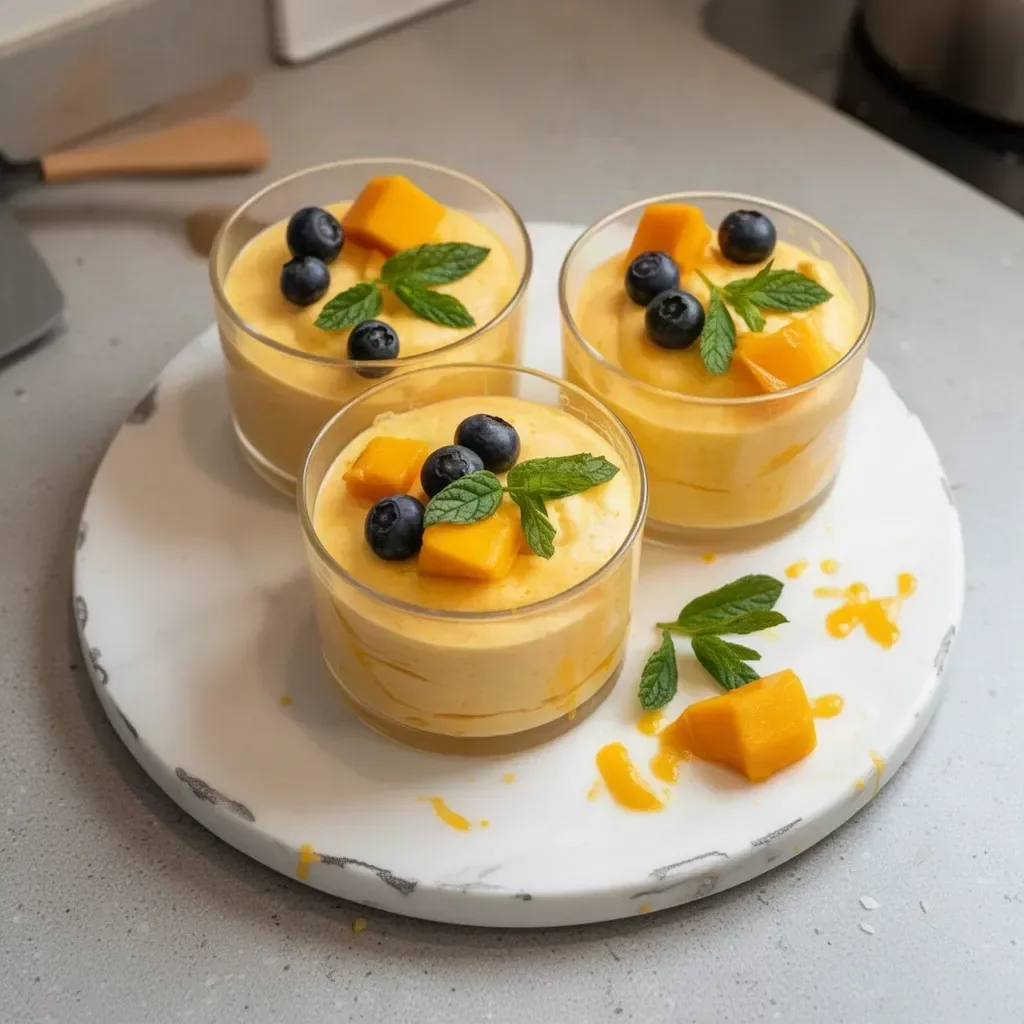 Delicious mango mousse served in a glass with fresh mango slices