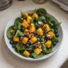 Mango salad with spinach and blueberries garnished with nuts and dressing