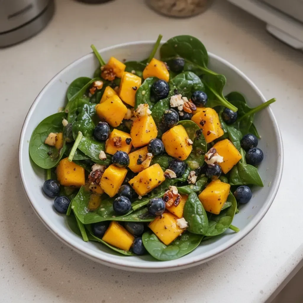 Mango salad with spinach and blueberries garnished with nuts and dressing