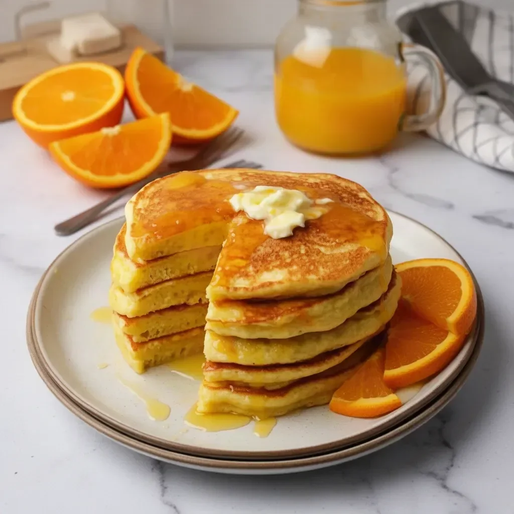 Fluffy orange ricotta pancakes with syrup and orange slices on a plate.