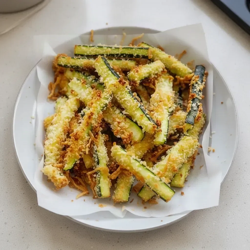 Crispy Parmesan Zucchini Fries served on a plate with dipping sauce