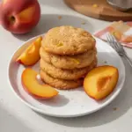 Freshly baked peach cookies on a cooling rack with peaches in the background.